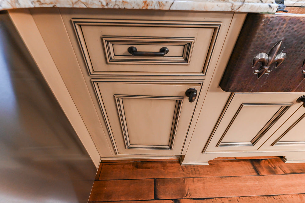 Traditional Creamy Brown Kitchen with Island, Marble Countertops and Appliances