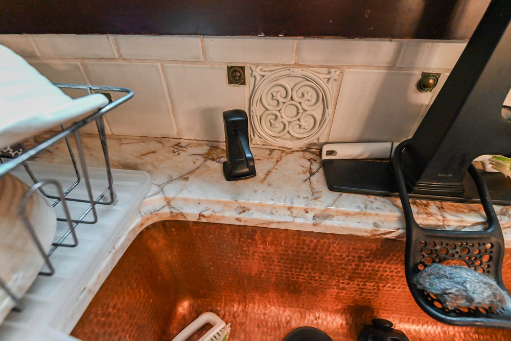 Traditional Creamy Brown Kitchen with Island, Marble Countertops and Appliances