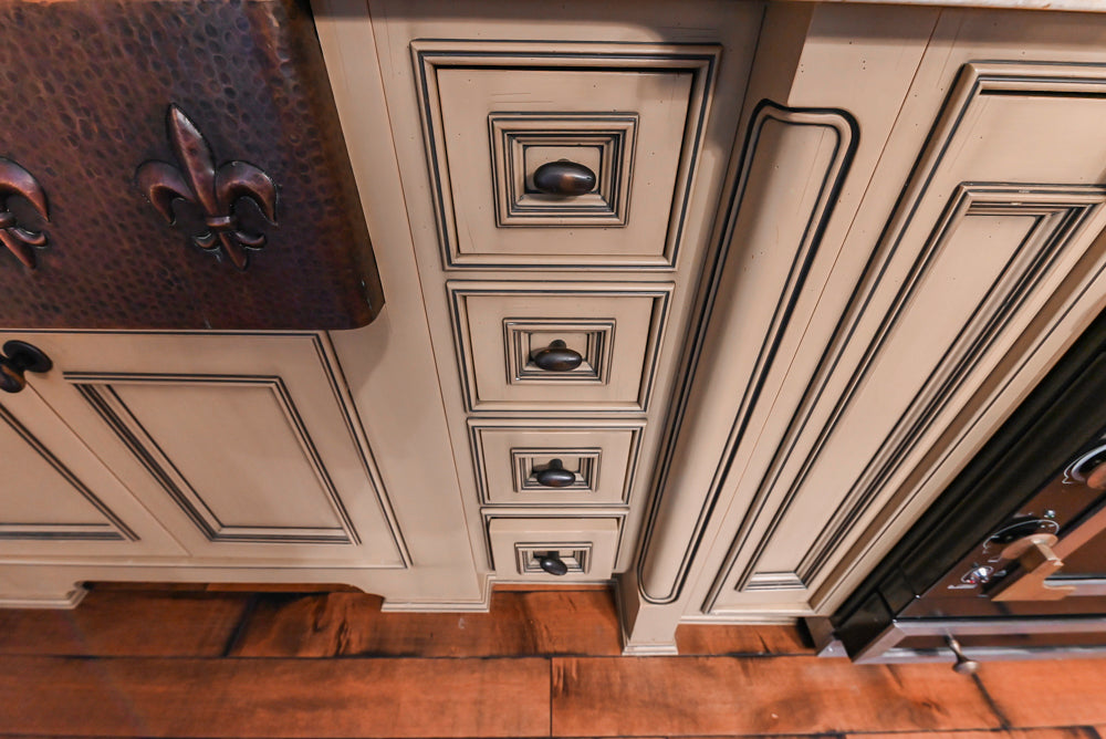 Traditional Creamy Brown Kitchen with Island, Marble Countertops and Appliances