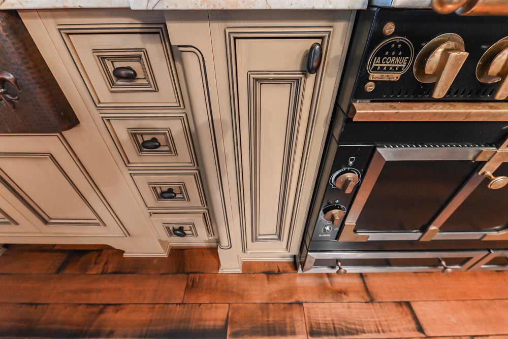 Traditional Creamy Brown Kitchen with Island, Marble Countertops and Appliances
