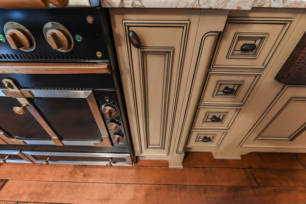 Traditional Creamy Brown Kitchen with Island, Marble Countertops and Appliances
