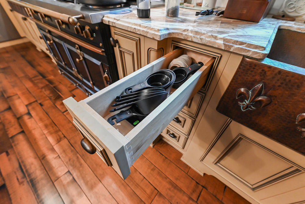 Traditional Creamy Brown Kitchen with Island, Marble Countertops and Appliances