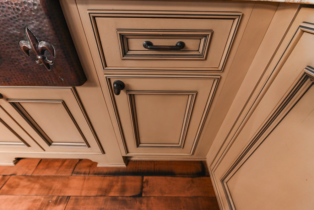 Traditional Creamy Brown Kitchen with Island, Marble Countertops and Appliances