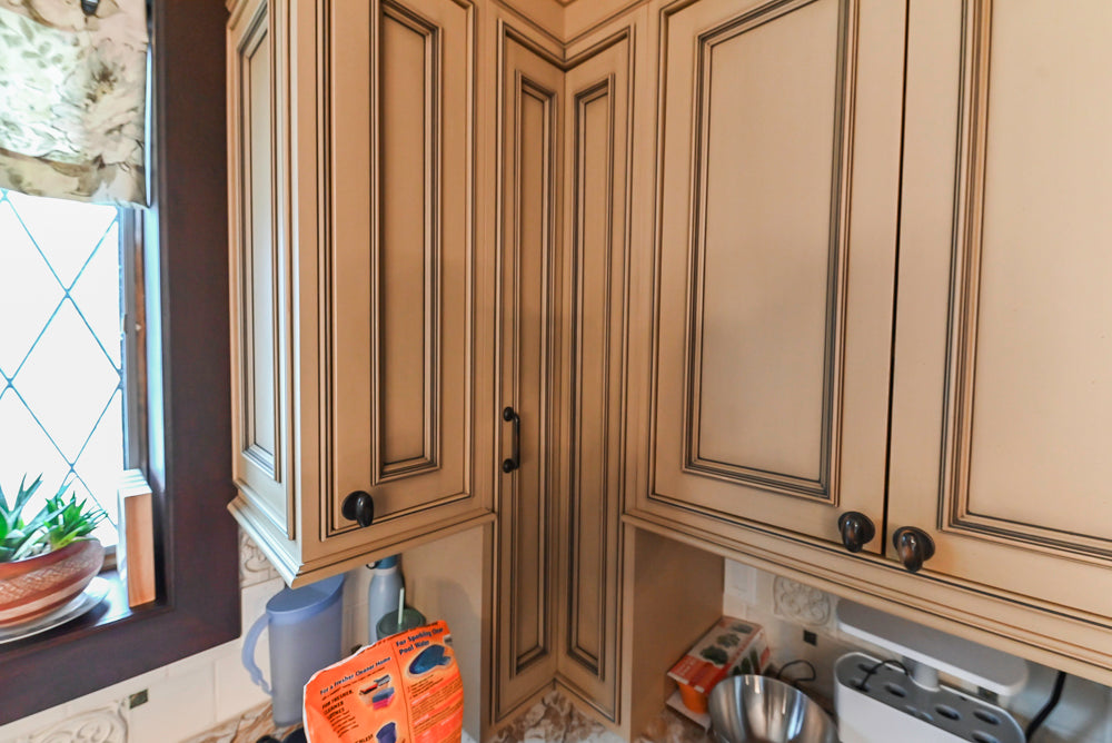 Traditional Creamy Brown Kitchen with Island, Marble Countertops and Appliances