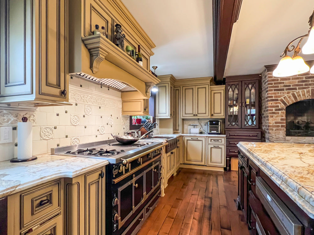 Traditional Creamy Brown Kitchen with Island, Marble Countertops and Appliances