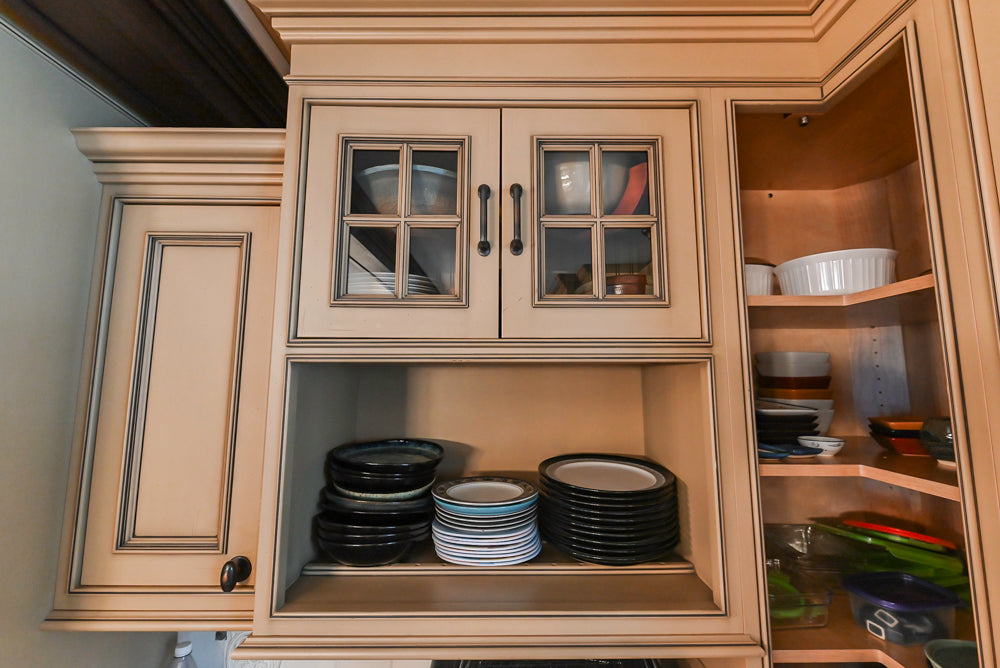 Traditional Creamy Brown Kitchen with Island, Marble Countertops and Appliances