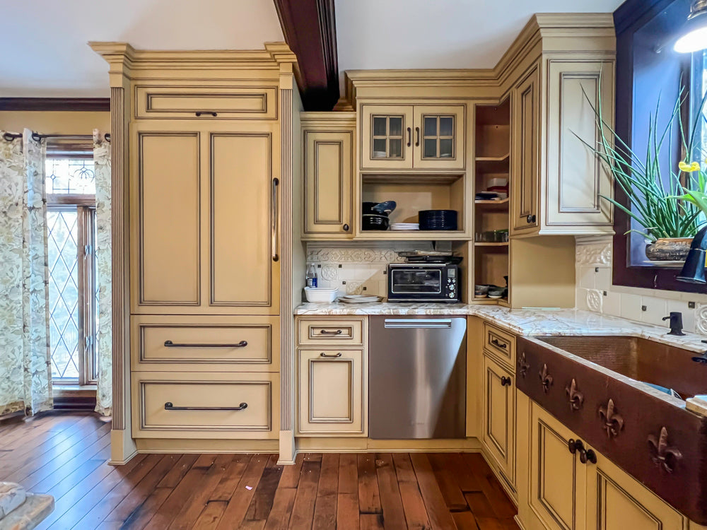 Traditional Creamy Brown Kitchen with Island, Marble Countertops and Appliances