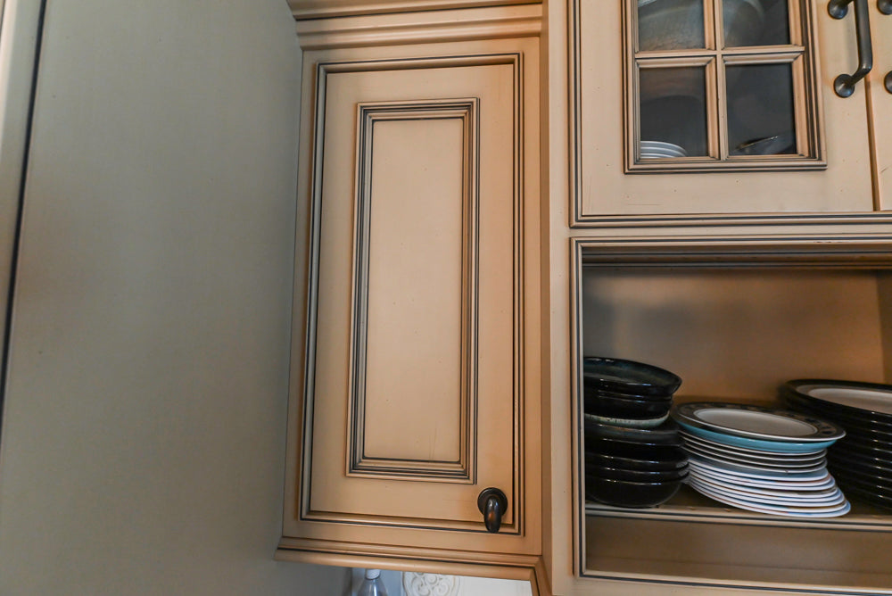 Traditional Creamy Brown Kitchen with Island, Marble Countertops and Appliances