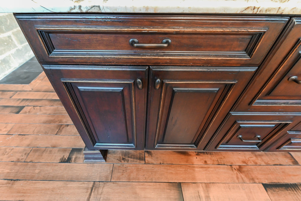 Traditional Creamy Brown Kitchen with Island, Marble Countertops and Appliances