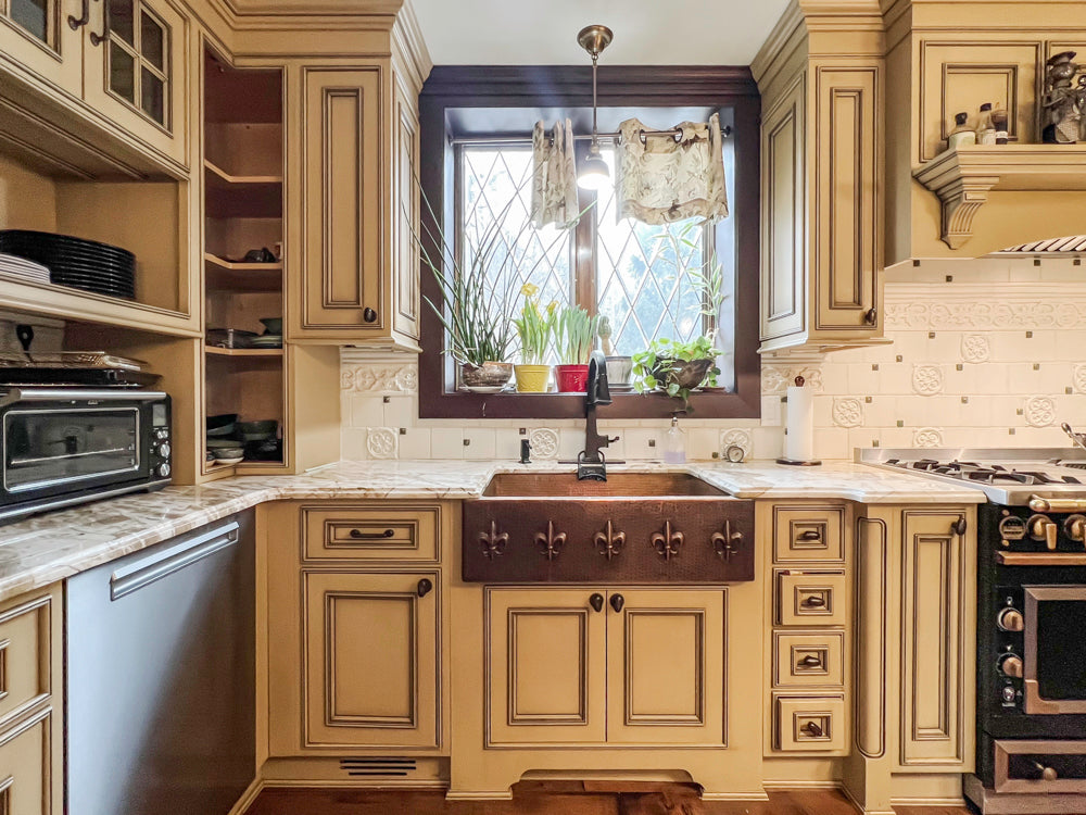 Traditional Creamy Brown Kitchen with Island, Marble Countertops and Appliances