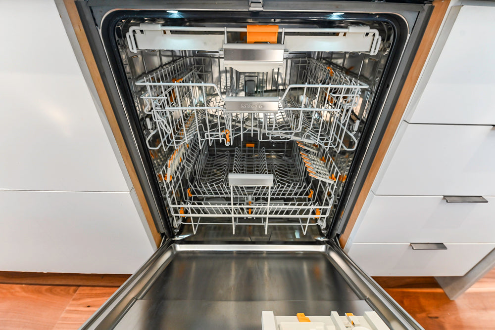 Modern Matte White Kitchen with Waterfall Island, Quartz Countertops & Miele Appliances