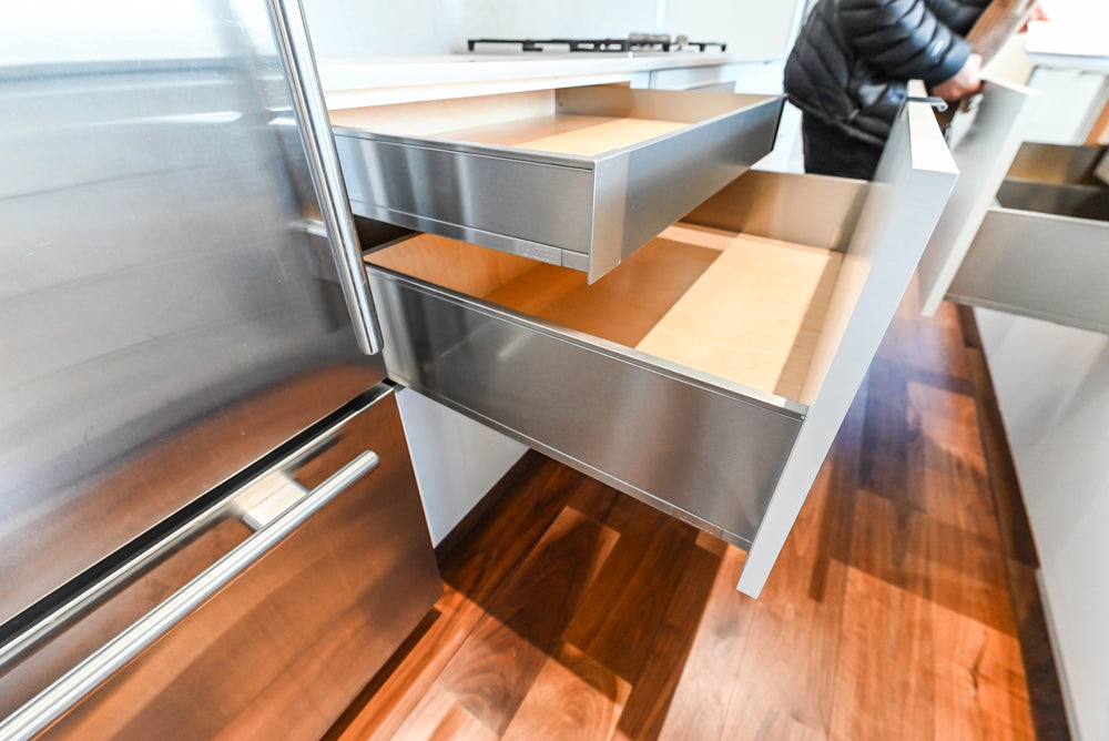 Modern Matte White Kitchen with Waterfall Island, Quartz Countertops & Miele Appliances
