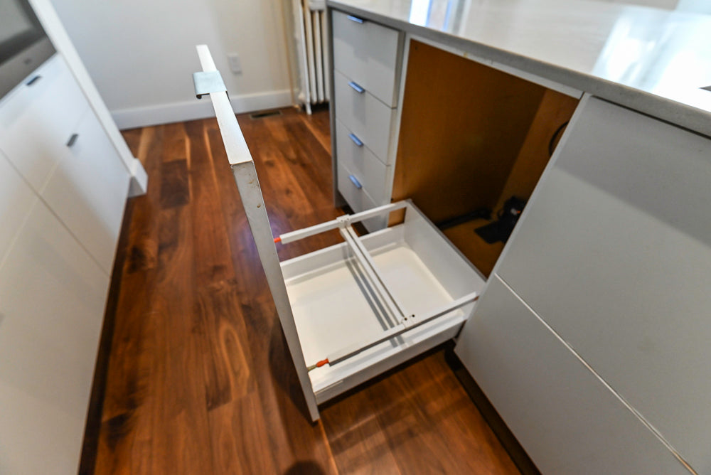 Modern Matte White Kitchen with Waterfall Island, Quartz Countertops & Miele Appliances