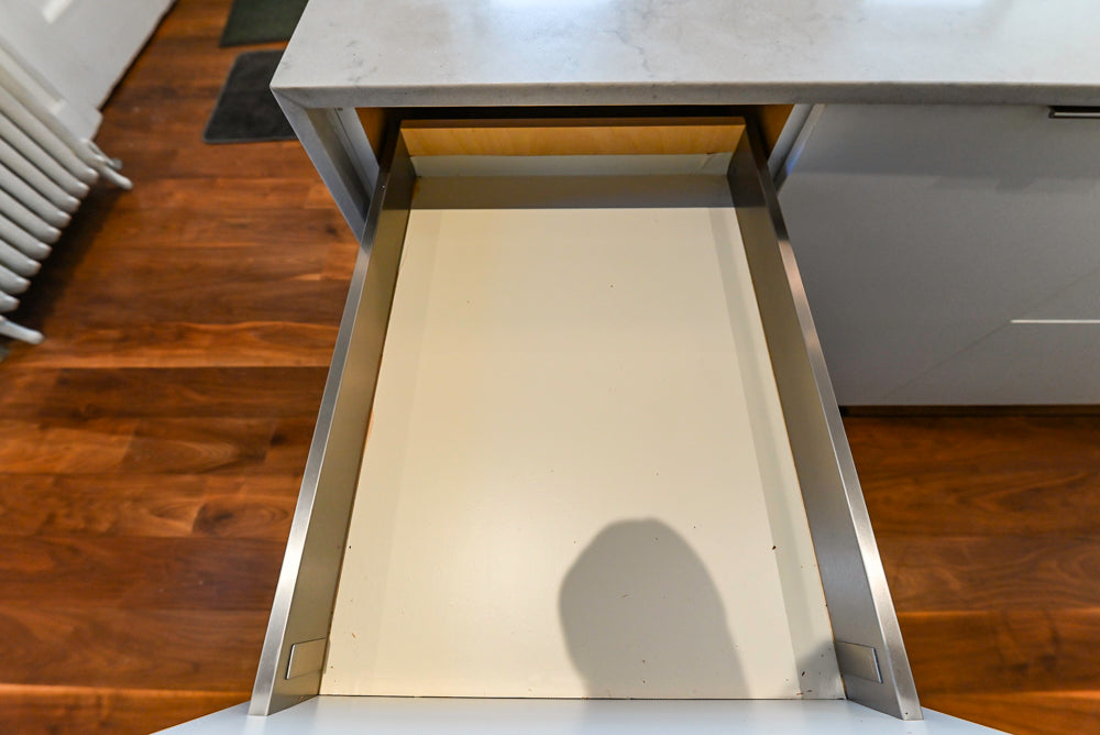 Modern Matte White Kitchen with Waterfall Island, Quartz Countertops & Miele Appliances