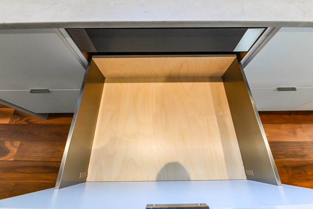 Modern Matte White Kitchen with Waterfall Island, Quartz Countertops & Miele Appliances