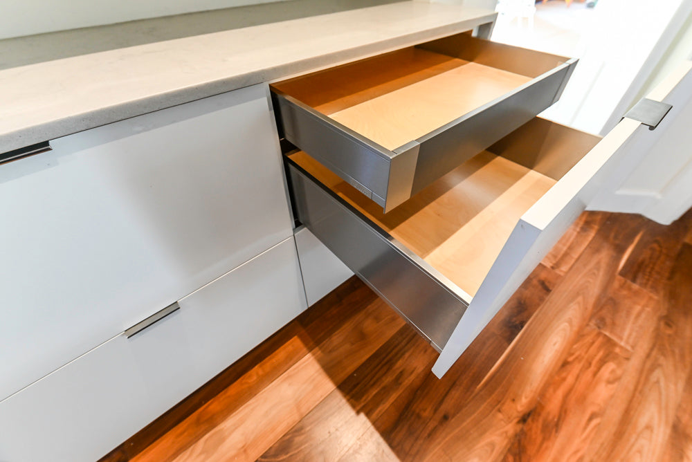 Modern Matte White Kitchen with Waterfall Island, Quartz Countertops & Miele Appliances