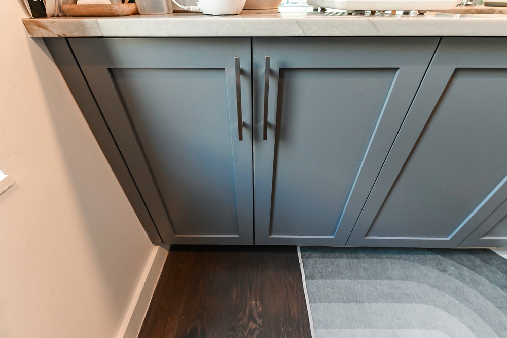 Imperia White Transitional Kitchen with Dark Grey Island, Marble & Stone Counters and Appliances