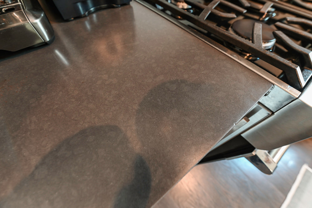 Imperia White Transitional Kitchen with Dark Grey Island, Marble & Stone Counters and Appliances