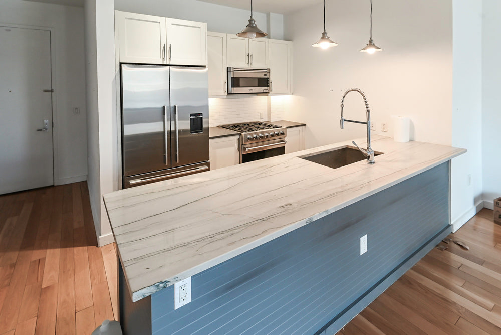 Imperia White Transitional Kitchen with Dark Grey Island, Marble & Stone Counters and Appliances