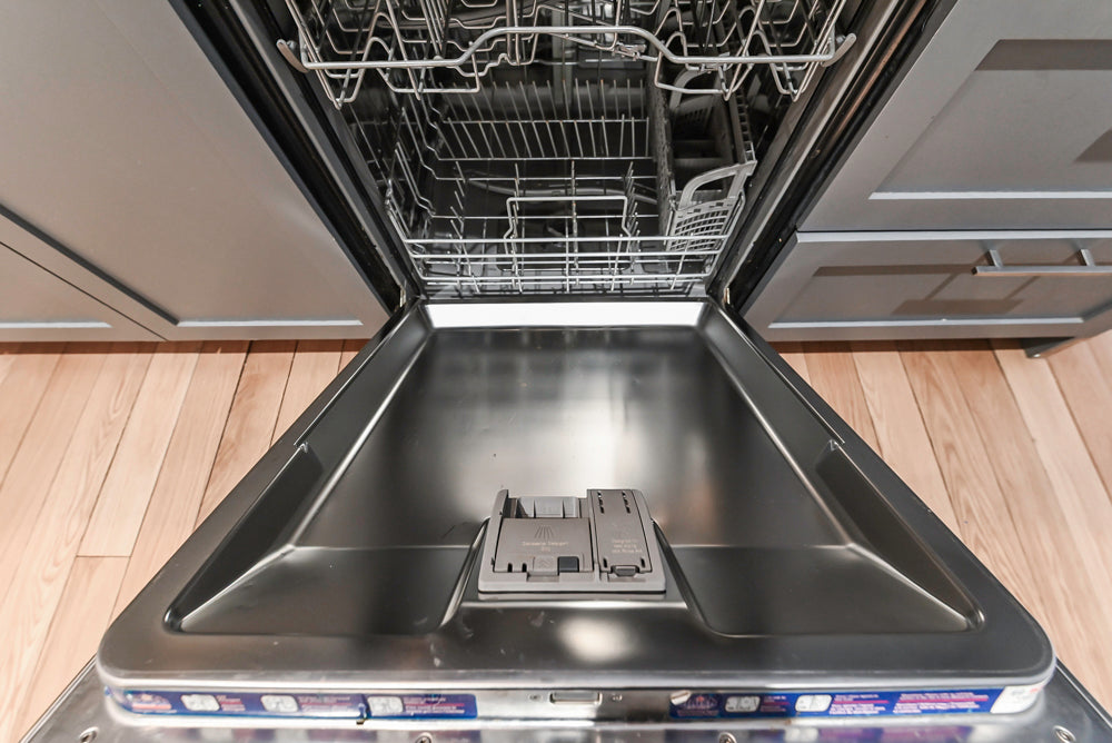 Imperia White Transitional Kitchen with Dark Grey Island, Marble & Stone Counters and Appliances