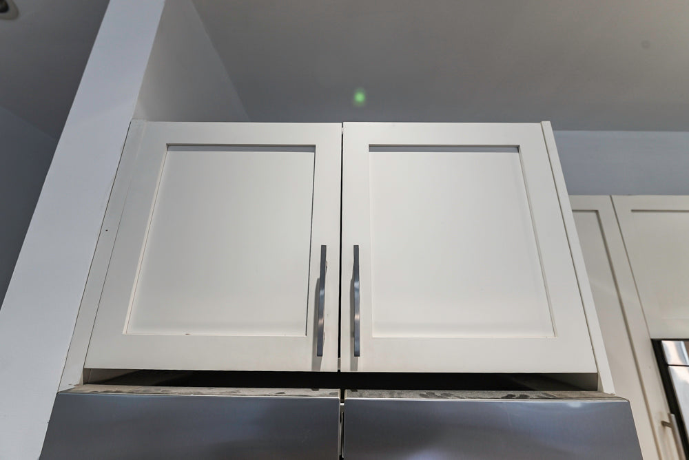 Imperia White Transitional Kitchen with Dark Grey Island, Marble & Stone Counters and Appliances