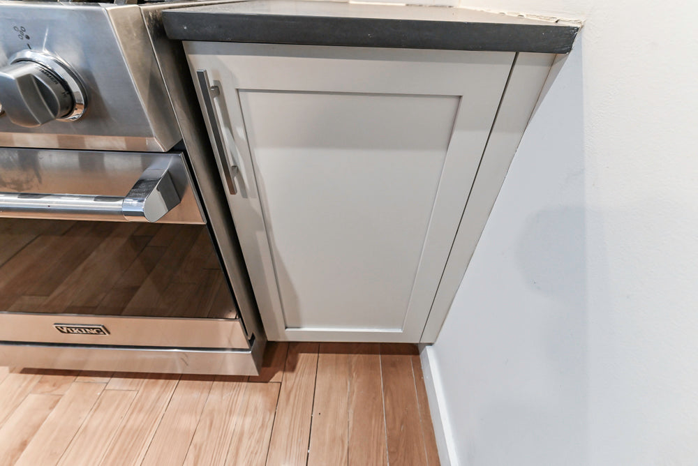 Imperia White Transitional Kitchen with Dark Grey Island, Marble & Stone Counters and Appliances