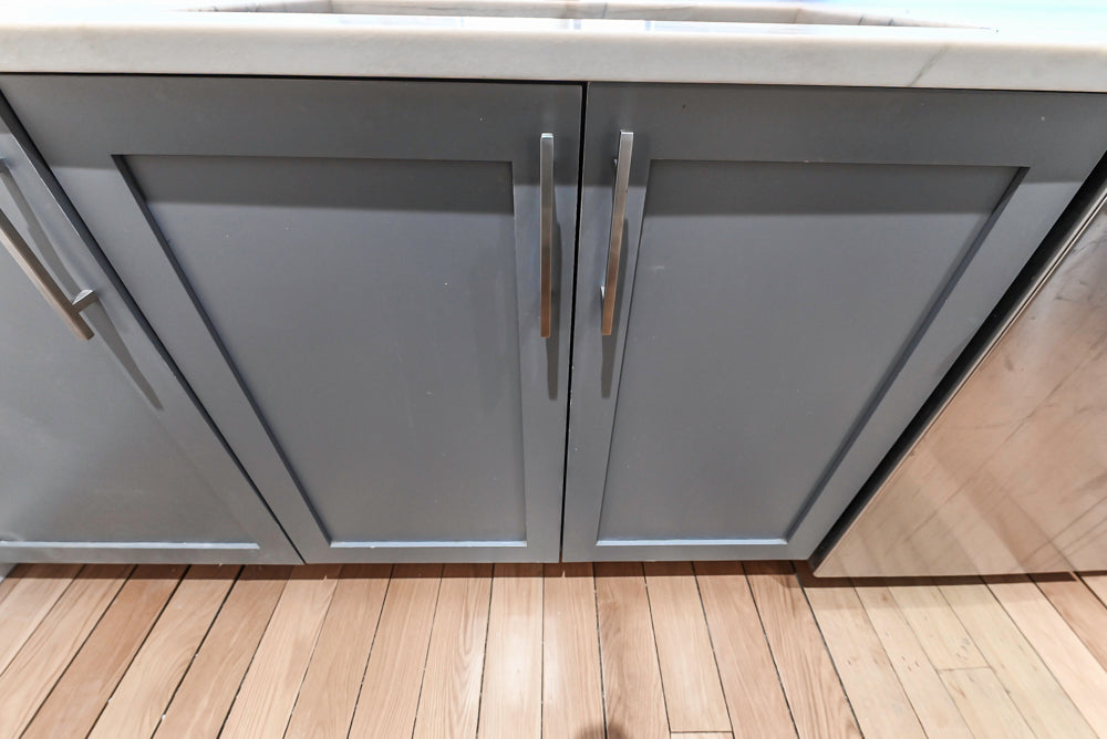 Imperia White Transitional Kitchen with Dark Grey Island, Marble & Stone Counters and Appliances