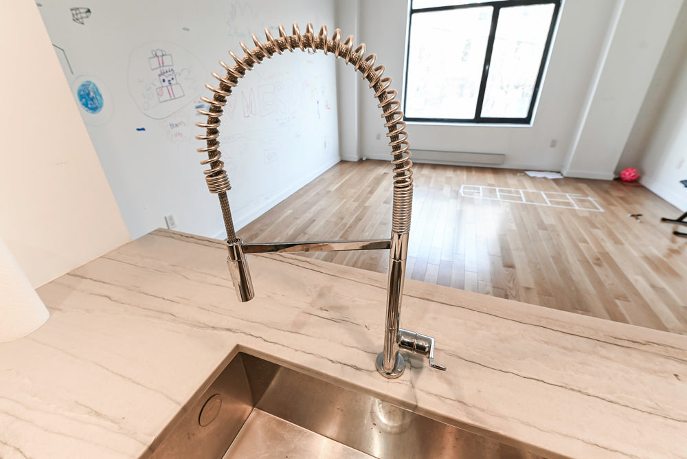 Imperia White Transitional Kitchen with Dark Grey Island, Marble & Stone Counters and Appliances