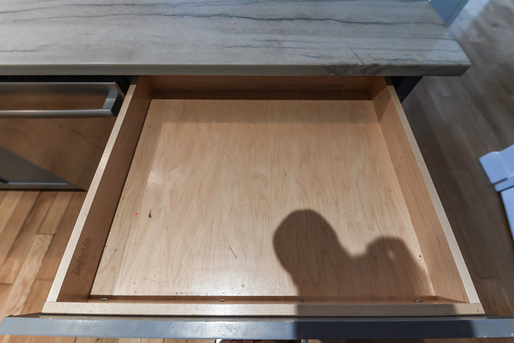 Imperia White Transitional Kitchen with Dark Grey Island, Marble & Stone Counters and Appliances