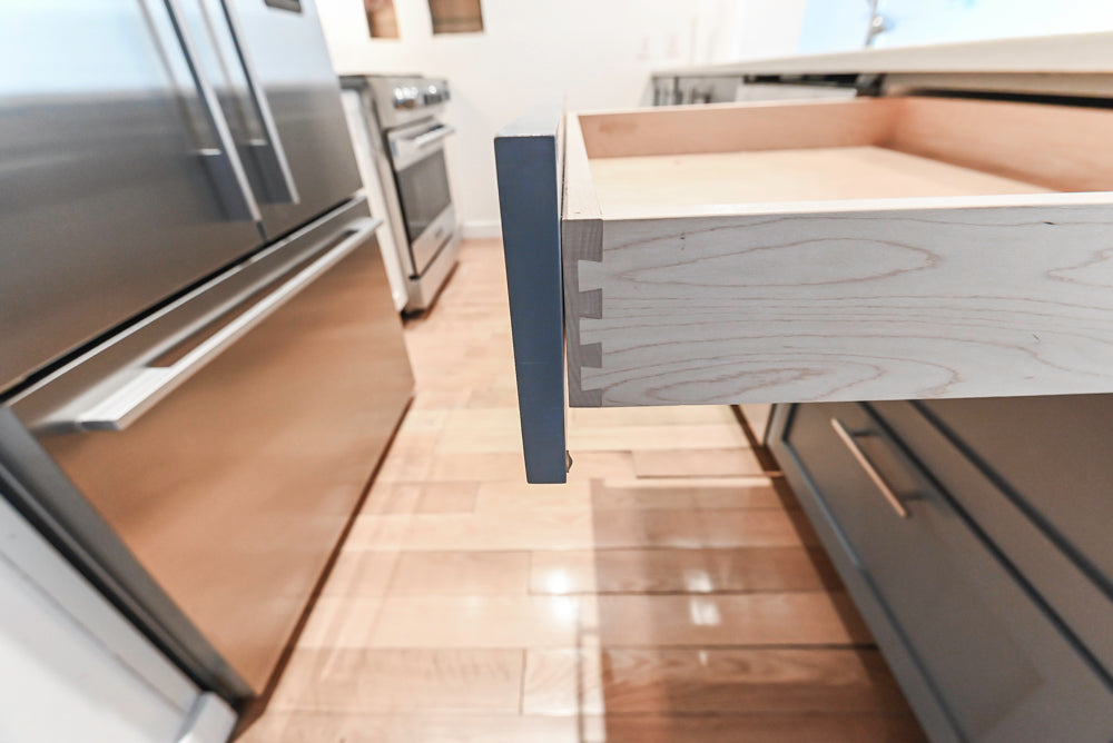 Imperia White Transitional Kitchen with Dark Grey Island, Marble & Stone Counters and Appliances