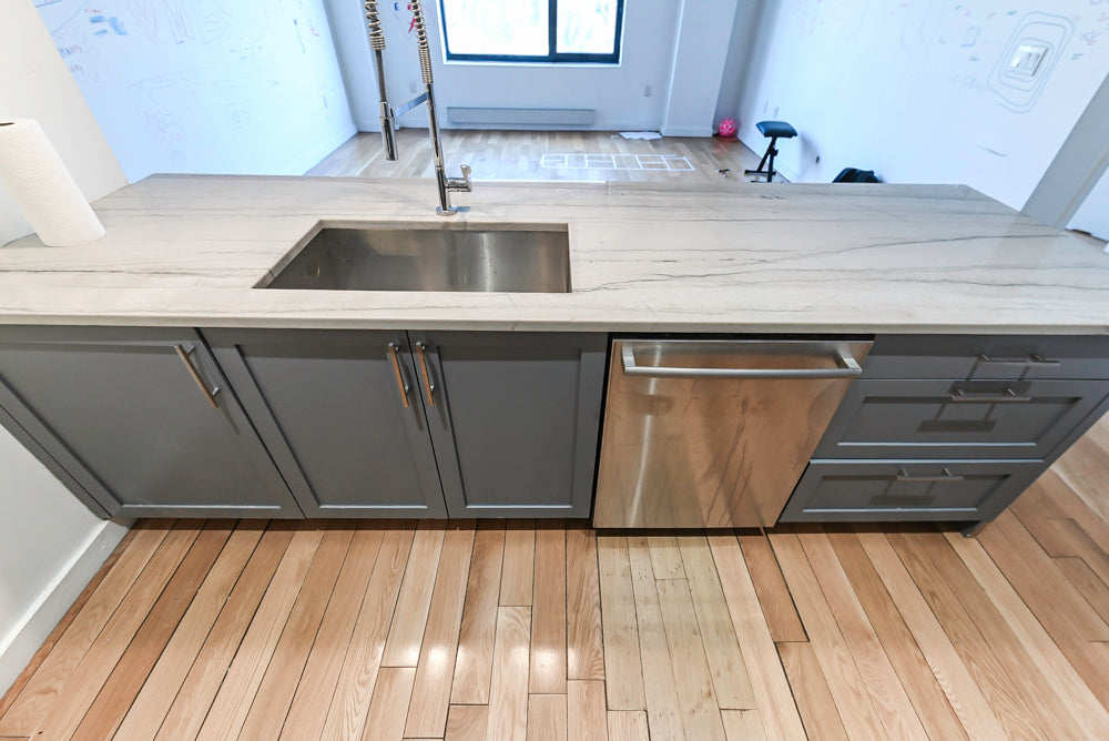 Imperia White Transitional Kitchen with Dark Grey Island, Marble & Stone Counters and Appliances