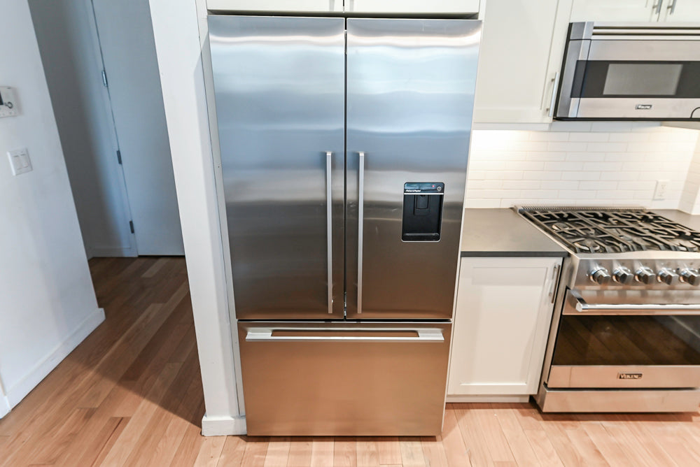 Imperia White Transitional Kitchen with Dark Grey Island, Marble & Stone Counters and Appliances