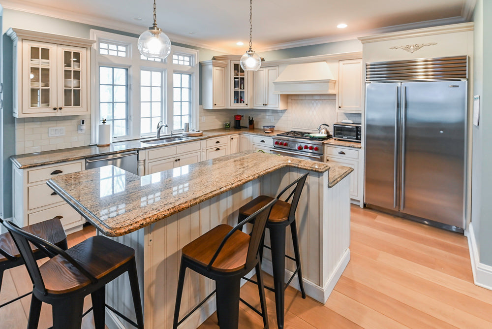 Omega Traditional Light Cream Kitchen with Island, Desk Area and Sub-Zero & Wolf Range
