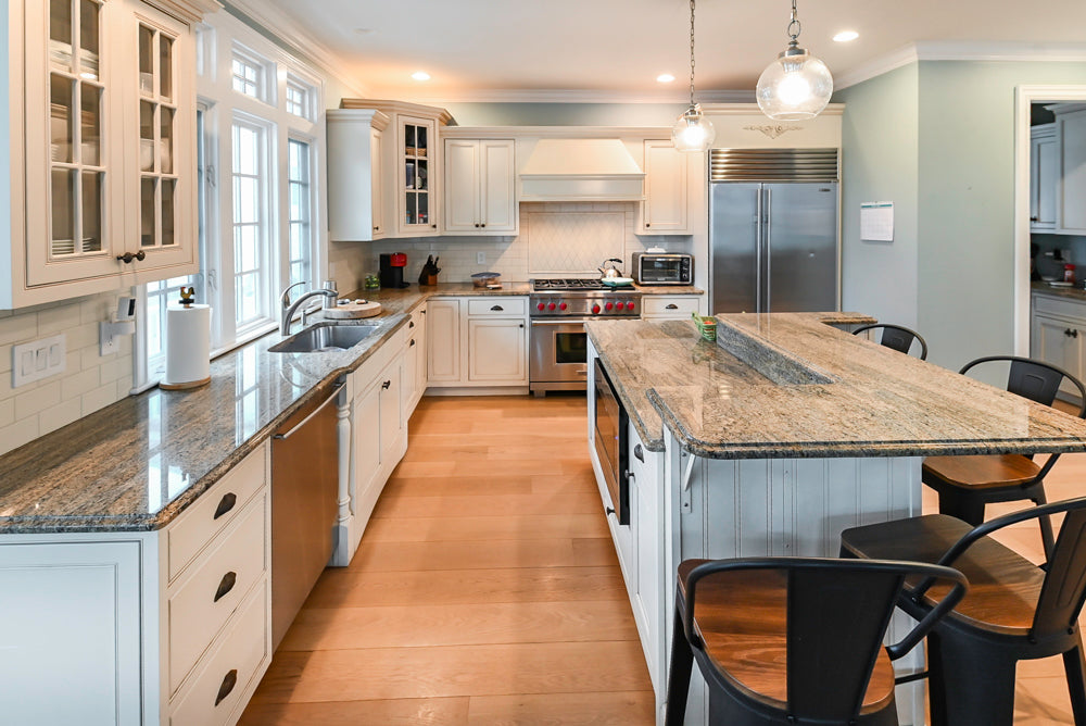 Omega Traditional Light Cream Kitchen with Island, Desk Area and Sub-Zero & Wolf Range