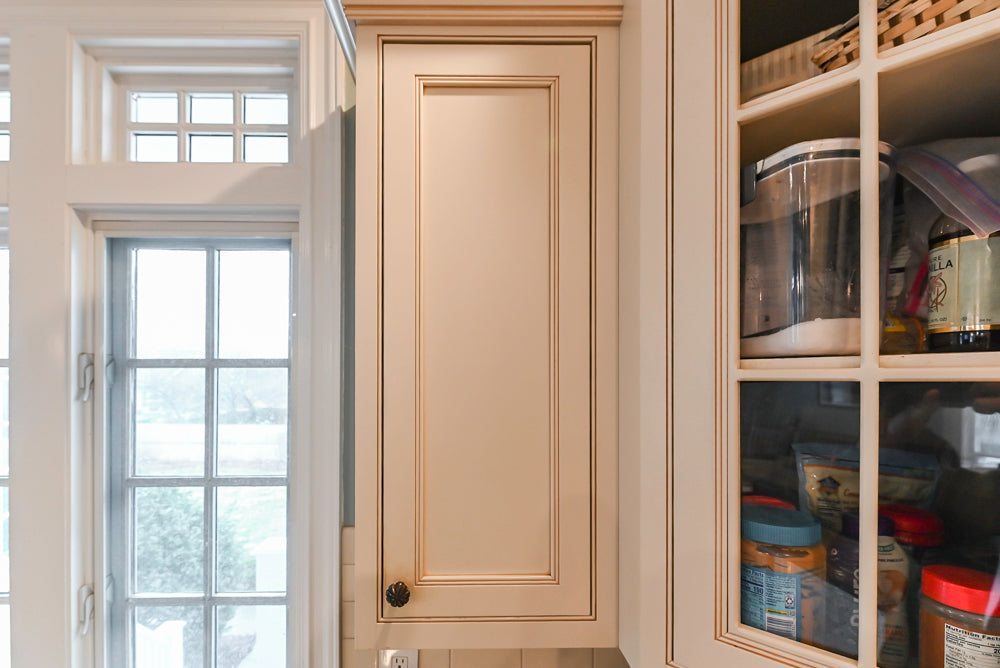 Omega Traditional Light Cream Kitchen with Island, Desk Area and Sub-Zero & Wolf Range