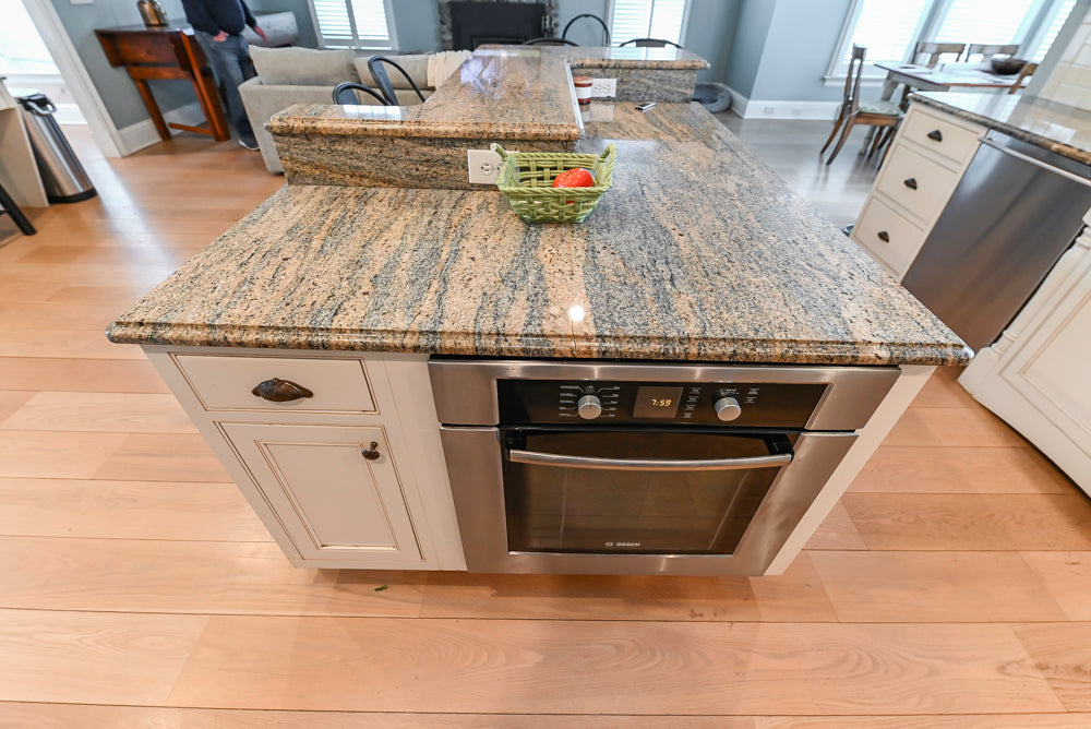 Omega Traditional Light Cream Kitchen with Island, Desk Area and Sub-Zero & Wolf Range