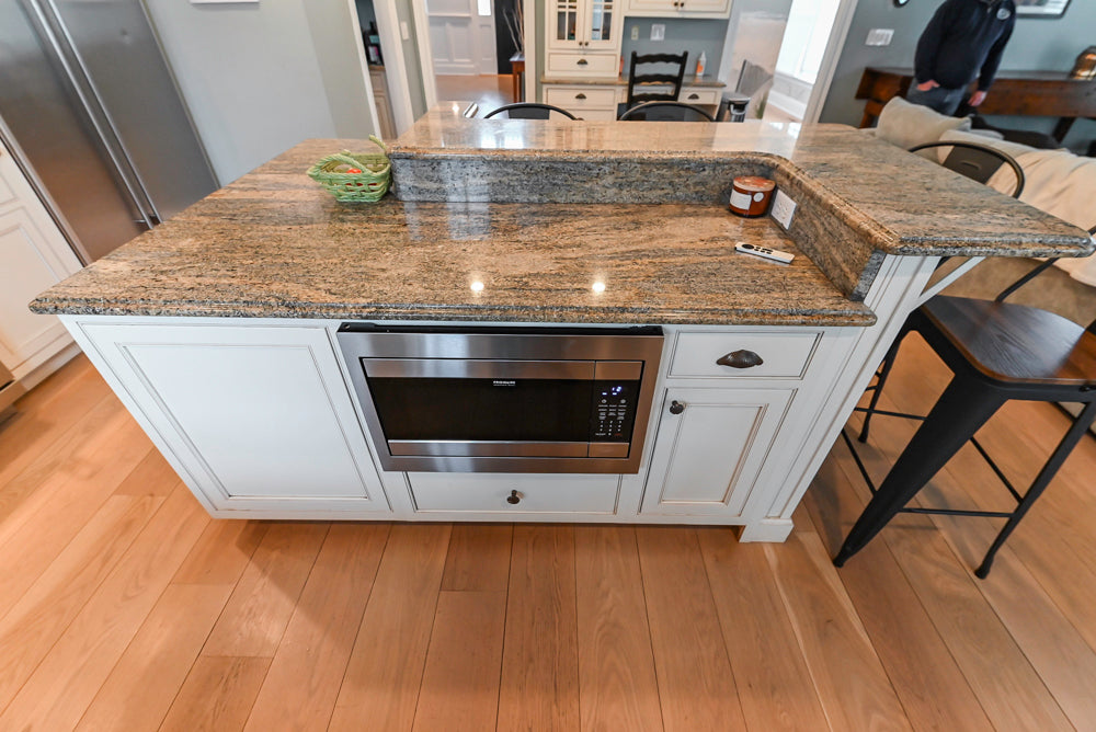 Omega Traditional Light Cream Kitchen with Island, Desk Area and Sub-Zero & Wolf Range