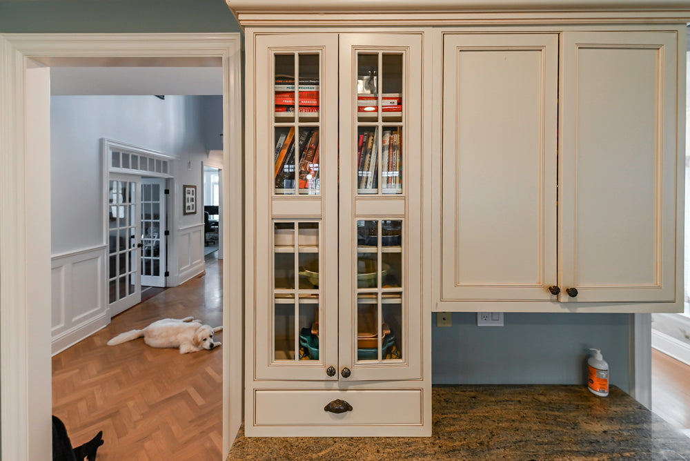 Omega Traditional Light Cream Kitchen with Island, Desk Area and Sub-Zero & Wolf Range