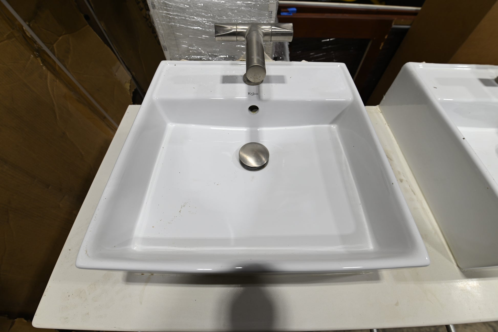 Modern 54" Wooden Double Vanity with White Top, Top Mount Sinks and Faucets