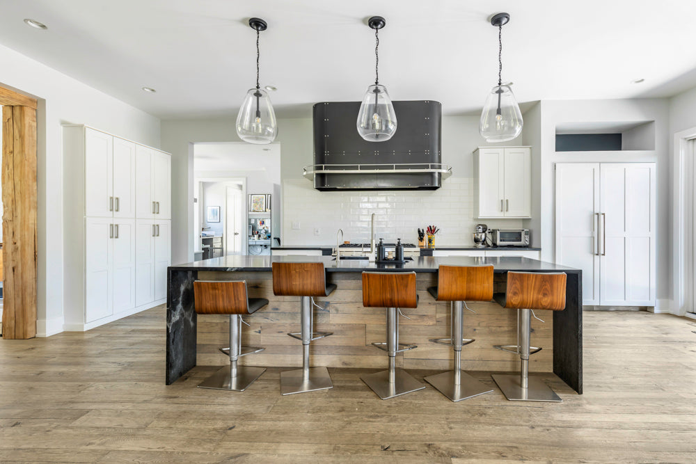 Transitional White Kitchen with Marble Waterfall Island and Thermador Appliances