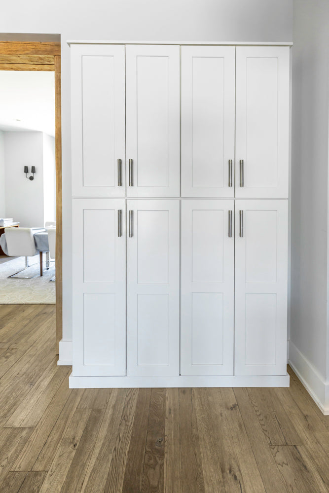 Transitional White Kitchen with Marble Waterfall Island and Thermador Appliances