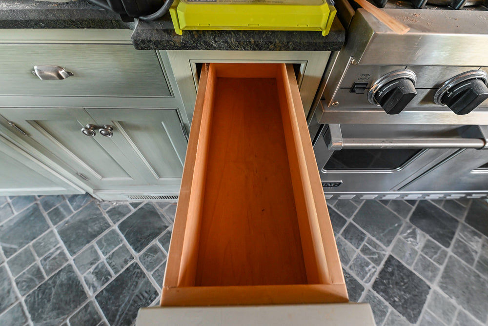 Traditional Washed Out Light Green Kitchen with Island, Granite Countertops and Viking Appliances