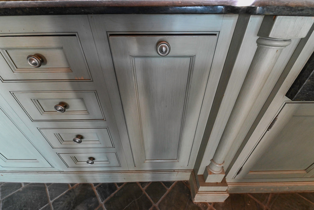 Traditional Washed Out Light Green Kitchen with Island, Granite Countertops and Viking Appliances