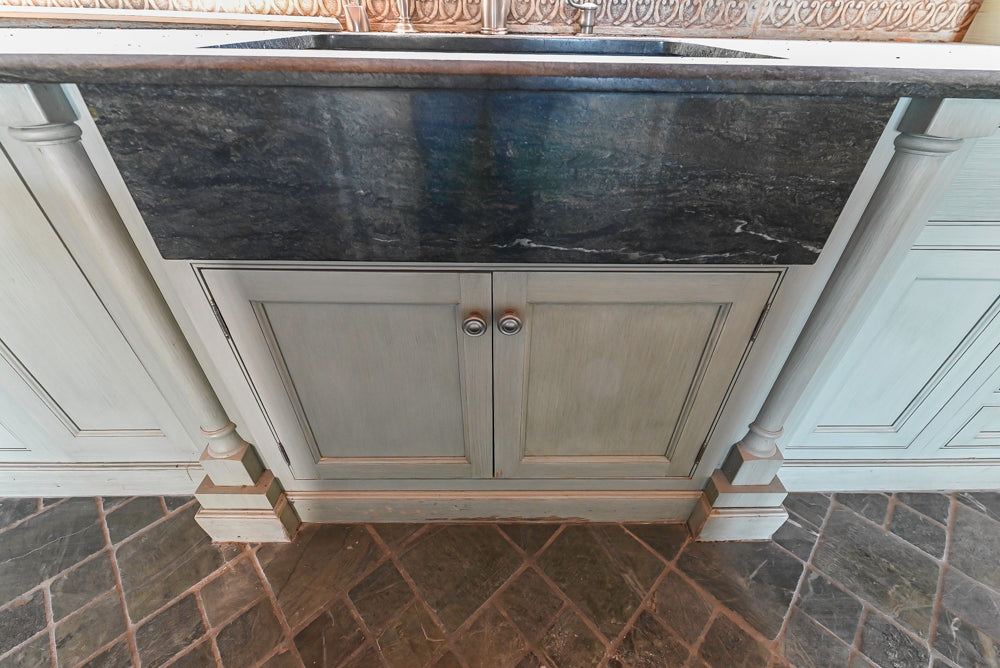 Traditional Washed Out Light Green Kitchen with Island, Granite Countertops and Viking Appliances