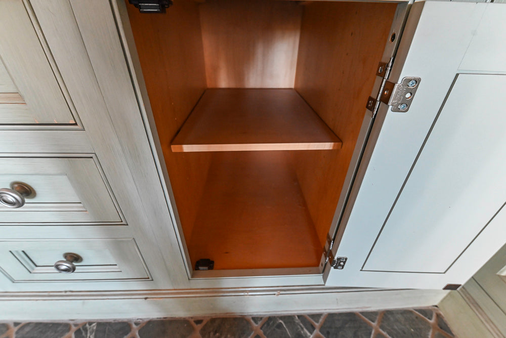 Traditional Washed Out Light Green Kitchen with Island, Granite Countertops and Viking Appliances