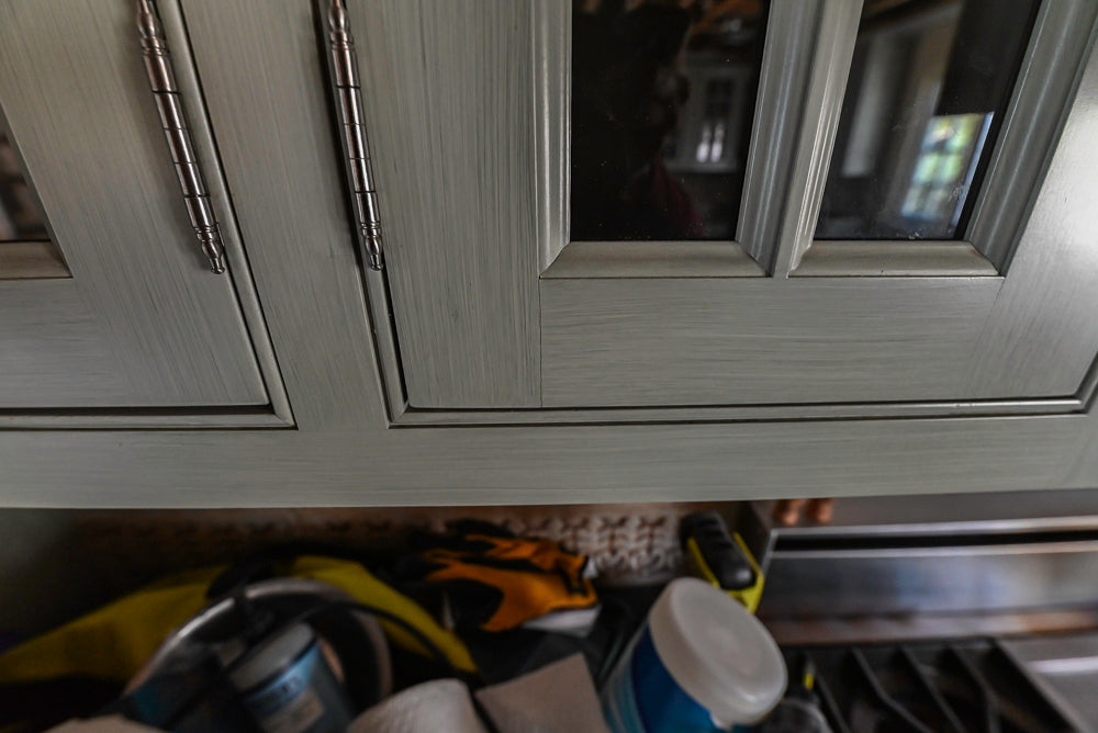 Traditional Washed Out Light Green Kitchen with Island, Granite Countertops and Viking Appliances