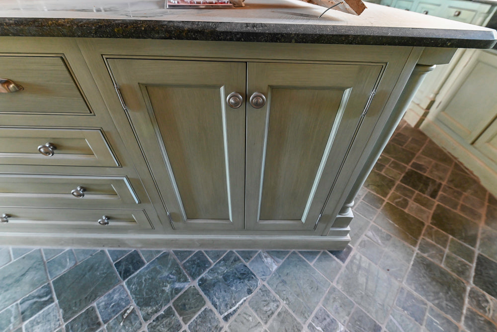 Traditional Washed Out Light Green Kitchen with Island, Granite Countertops and Viking Appliances
