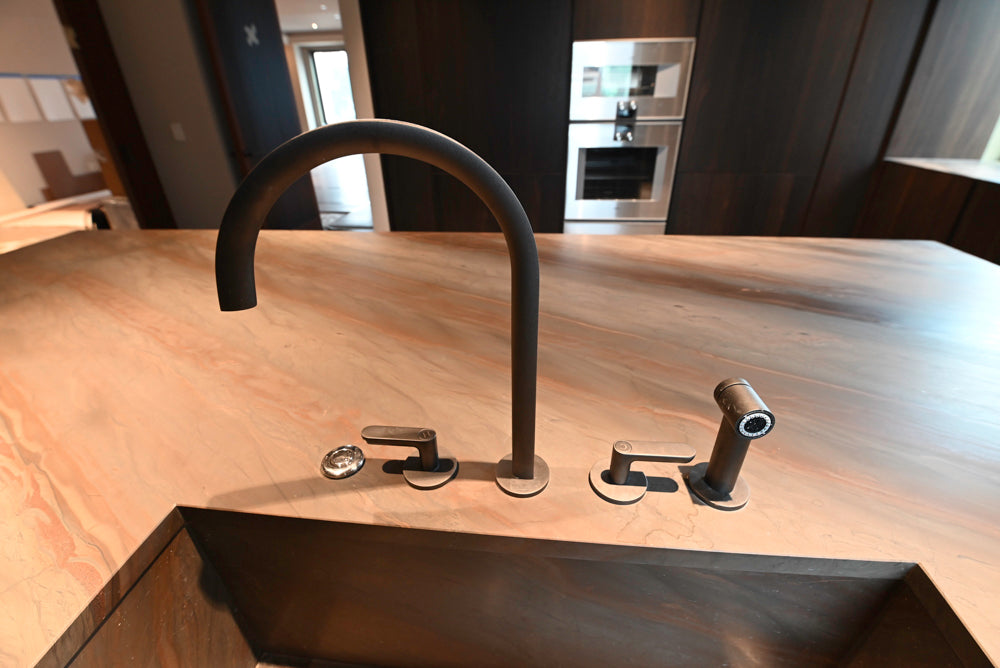 minotticucine Modern Classic Dark Brown Kitchen with Stone Countertops and Gaggenau Refrigerators