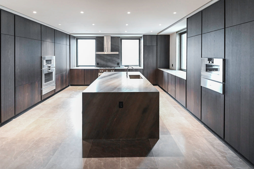 minotticucine Modern Classic Dark Brown Kitchen with Stone Countertops and Gaggenau Refrigerators