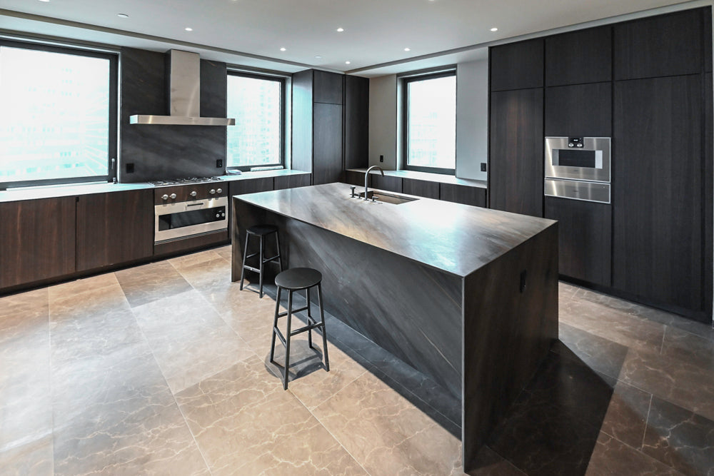 minotticucine Modern Classic Dark Brown Kitchen with Stone Countertops and Gaggenau Refrigerators